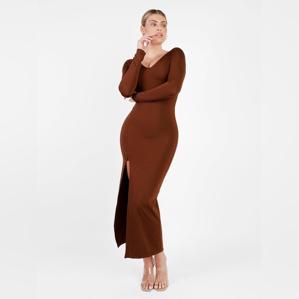 Popilush The Shapewear Dress Long Sleeve V-Neck Split Maxi